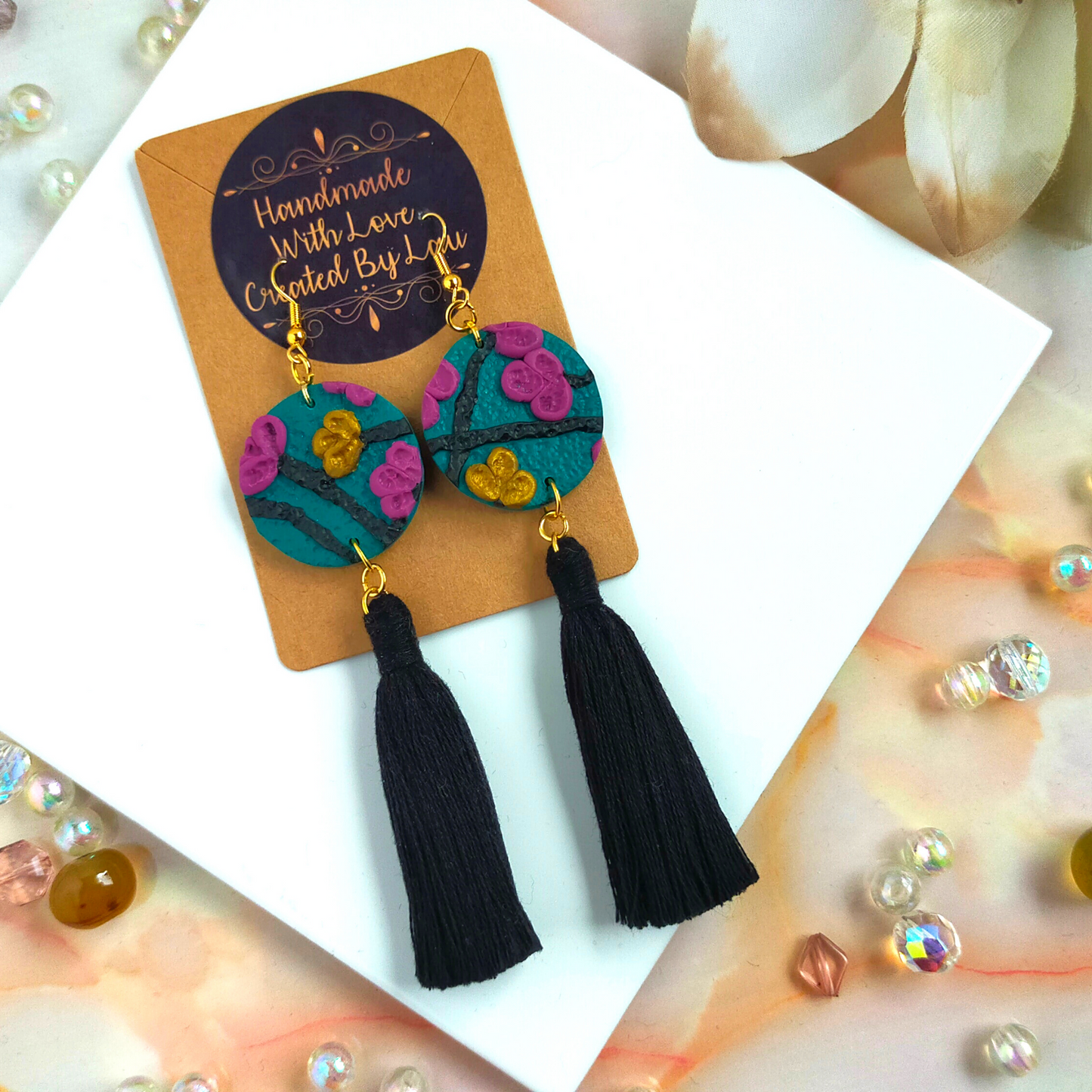"Scarlett" Gold Plated Green Flora Polymer Clay Earrings with Tassel