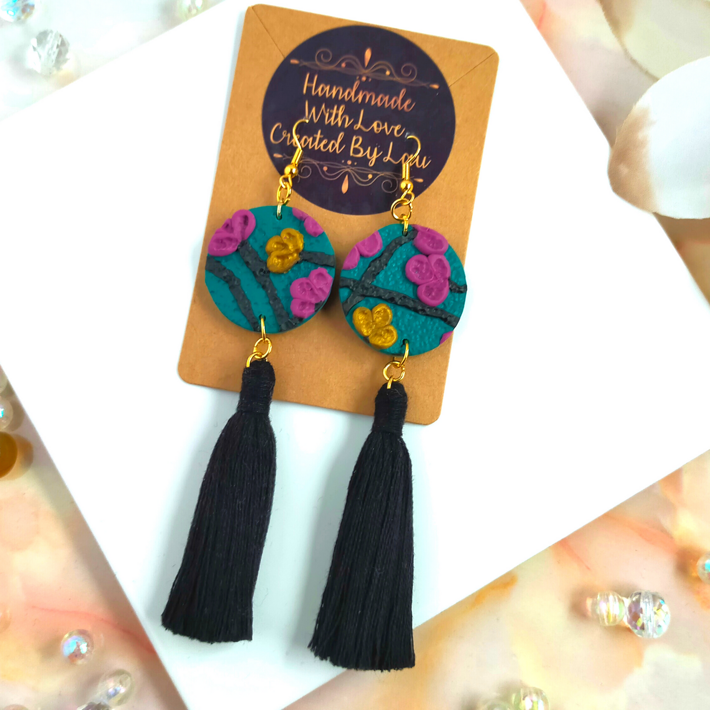 "Scarlett" Gold Plated Green Flora Polymer Clay Earrings with Tassel