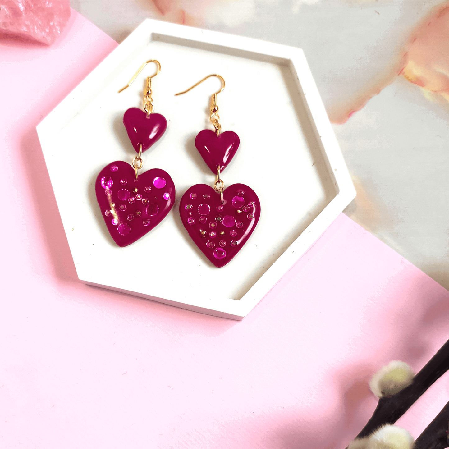 "Love" Pink Medium Heart Gem Dangle Earrings